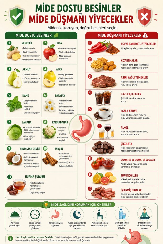 Mide Dostu yiyecekler ve mide düşnaı yiyecekler infografik