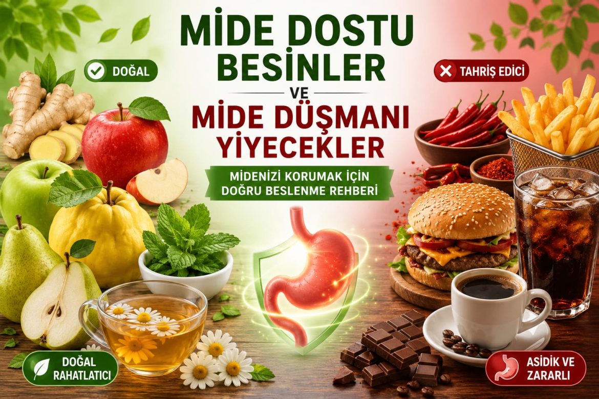 Mide dostu besinler ve mide düşmanı yiyecekleri gösteren sağlıklı beslenme